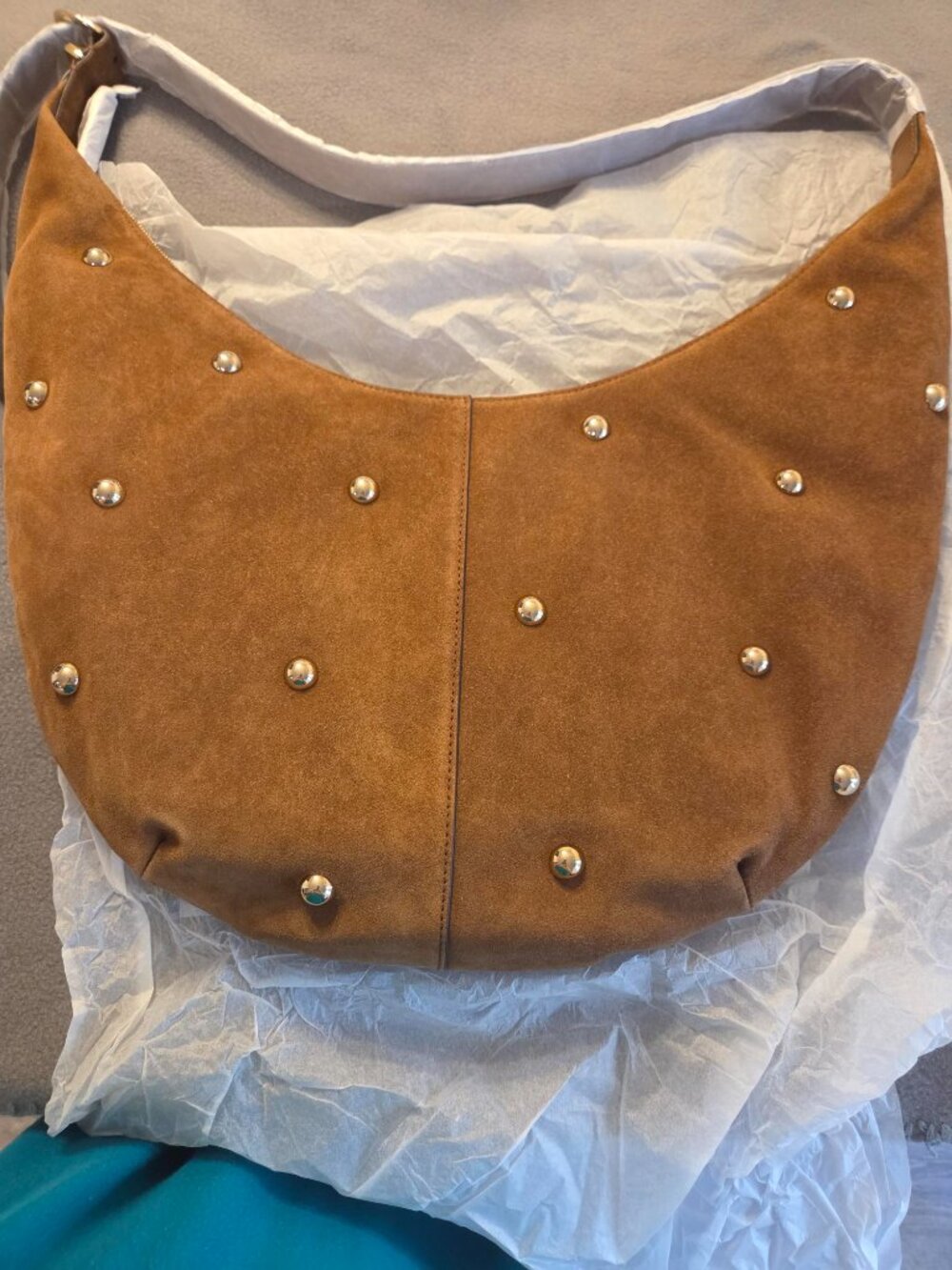 NWT The Essential Curve Shoulder Bag (Studed Suede/Dried Acorn) - Picture 6 of 15